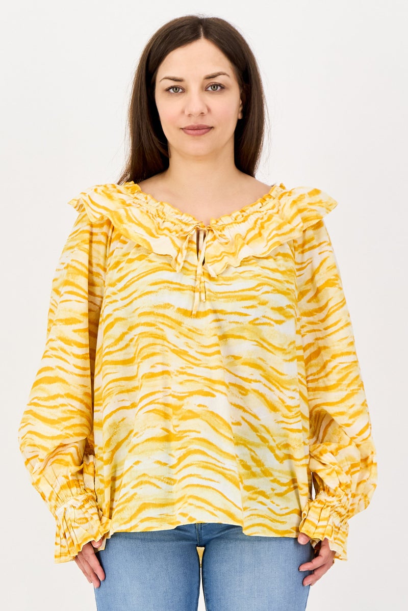 INC Women Ruffle Neck Long Sleeve Animal Print Blouse, Yellow - Image 1